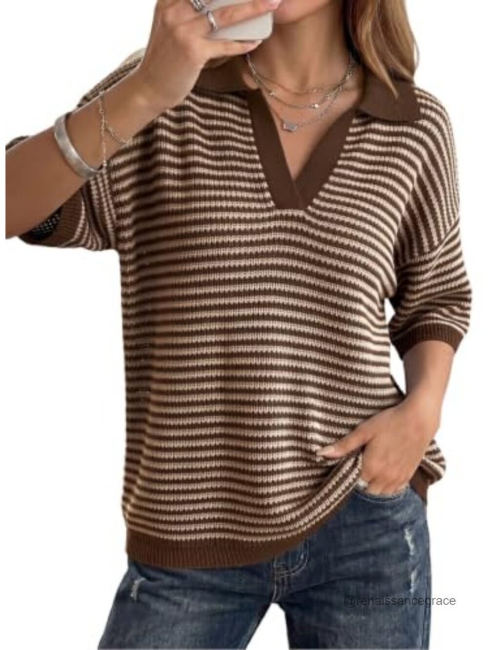 Womens Striped Knit Sweater Collared V Neck Half Sleeve Pullover Top